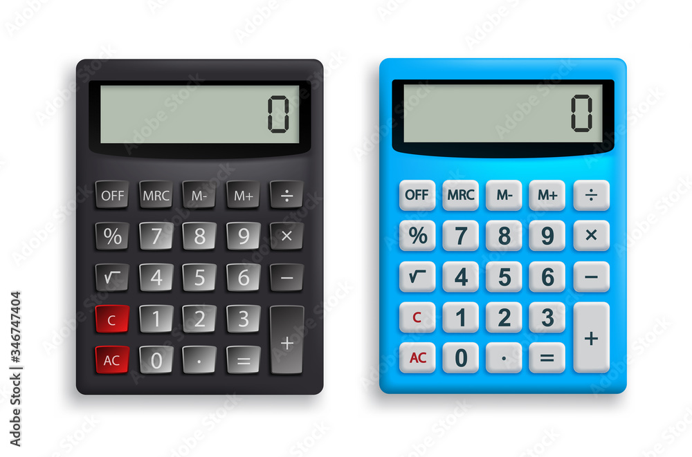Calculator vector set. Office calculator in black and blue colors with top view 3D realistic look for design elements. Vector illustration.
 - obrazy, fototapety, plakaty 