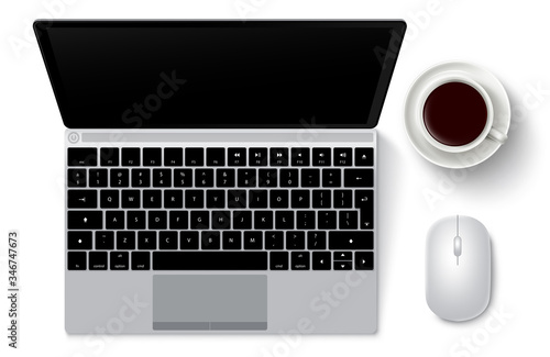 Laptop computer and mouse vector set. Laptop computer or notebook in top view 3D realistic looks with mouse and coffee isolated in white. Vector illustration.
