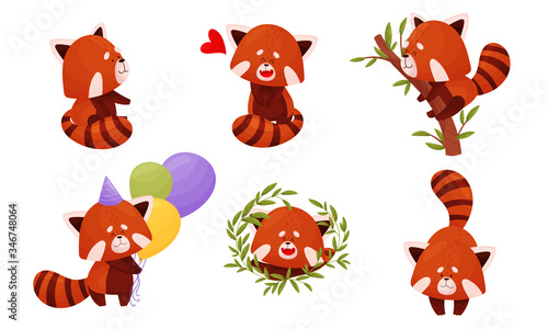 Cute Red Panda Character Doing Different Activities Vector Set