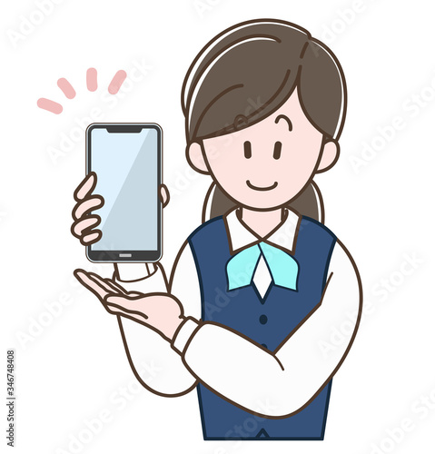 スマホを持って案内する制服の女性