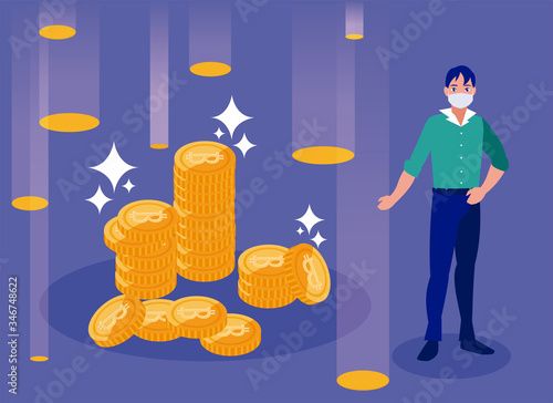 Man with mask and bitcoins vector design