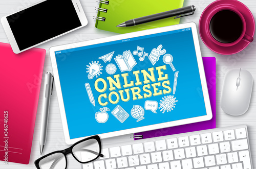 Online courses e-learning vector banner. E-learning online courses text in tablet screen with school elements for digital education through internet. Vector illustration.
 photo