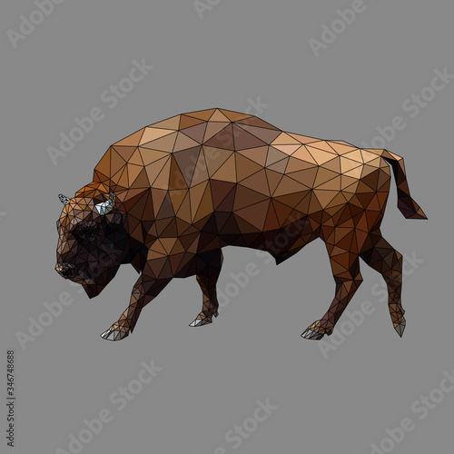 The abstract image of brown male big buffalo horns that comes forward. Created with triangles with stroke in a straight line on a gray background. Vector