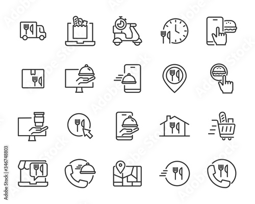set of food delivery icons, restaurant, customer service, shopping online