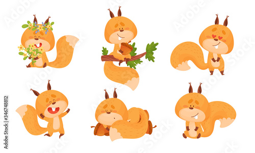 Cute Squirrel Character Doing Different Activities Vector Set