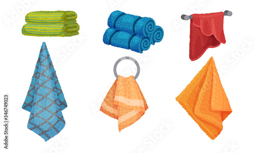 Different Hanging and Folded Towels for Kitchen and Bathroom Vector Set