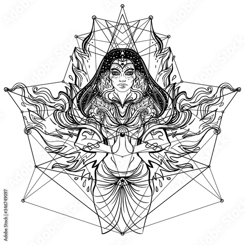 Asian magic woman with sacred geometry and fire. Vector Illustration. Mysterious thai girl over mystic symbols and flames. Alchemy, religion, spirituality, occultism, tattoo art, Asian culture.
