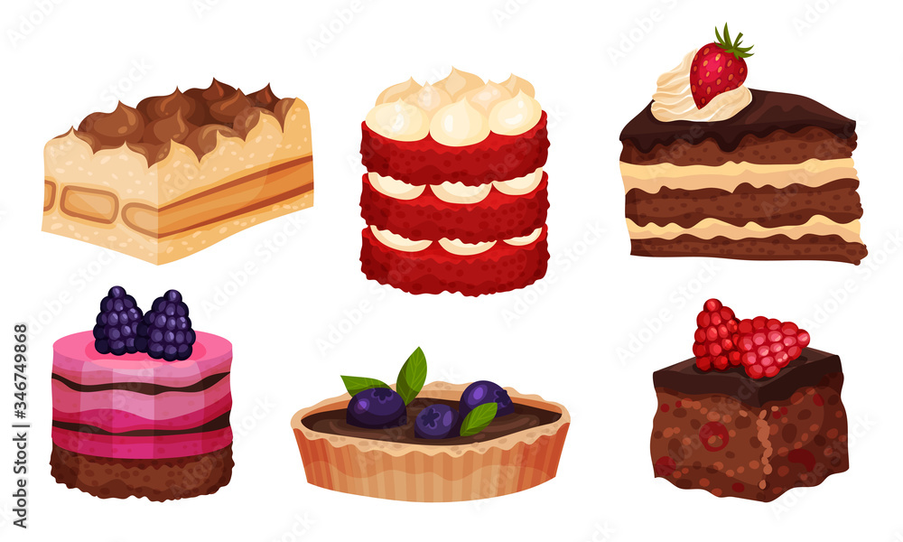 Sweet Layered Desserts and Cakes with Whipped Cream and Berry Topping Vector Set Sweet Layered Desserts and Cakes with Whipped Cream and Berry Topping Vector Set