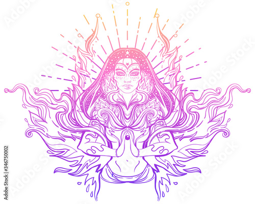 Asian magic woman with sacred geometry and fire. Vector Illustration. Mysteri...