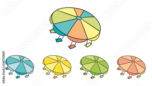 Isolierte Vektorgrafik-Illustration eines sich drehenden Karussells mit einem Dach mit Elementen in blau, grün, orange und gelb mit einem Set mit einfarbigen Variationen
