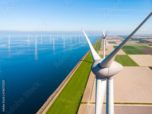 Wind turbine from aerial view, Drone view at windpark westermeerdijk a windmill farm in the lake IJsselmeer the biggest in the Netherlands,Sustainable development, renewable energy photo