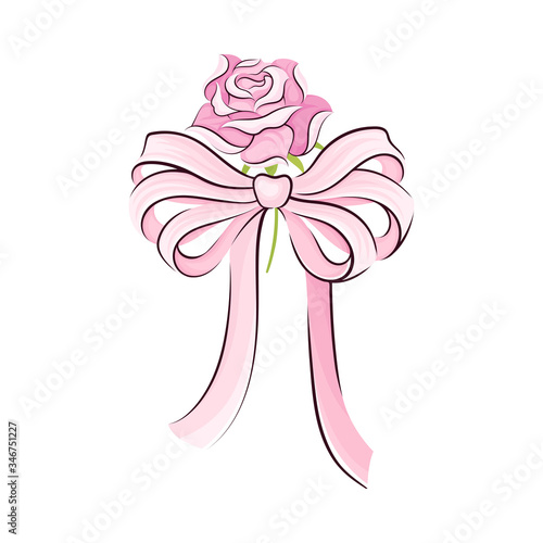 Pink Bow and Long Satin Ribbon as Ballet Accessory Vector Illustration