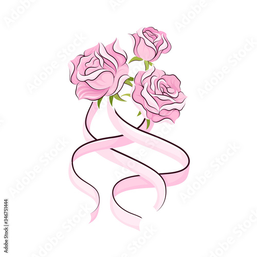 Pink Rose Flowers and Long Satin Ribbon as Ballet Accessory Vector Illustration