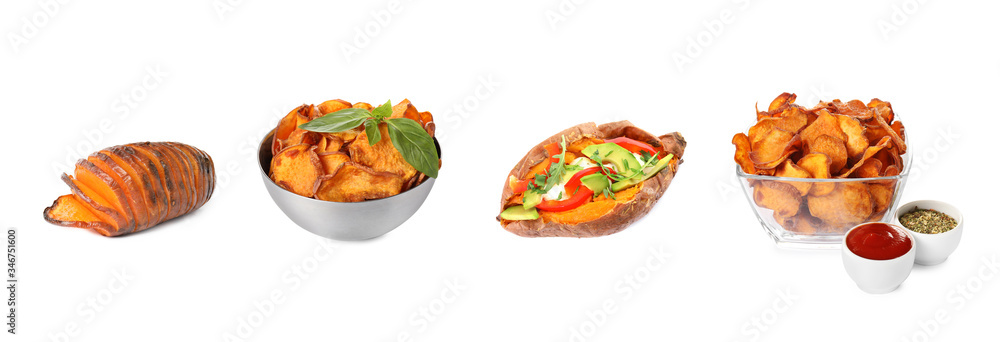 Set of delicious cooked sweet potatoes on white background. Banner design Set of delicious cooked sweet potatoes on white background. Banner design