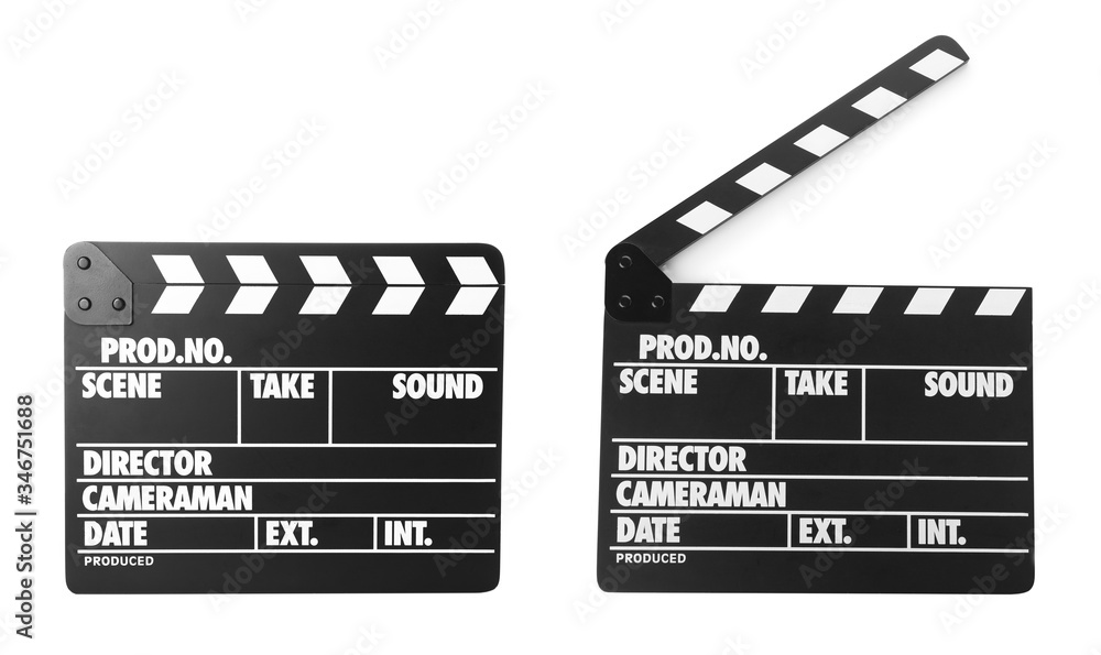 Fototapeta premium Two clapper boards on white background. Cinema production