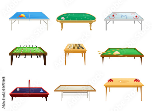 Tables for Board Games with Tennis Table and Billiard Table Vector Set