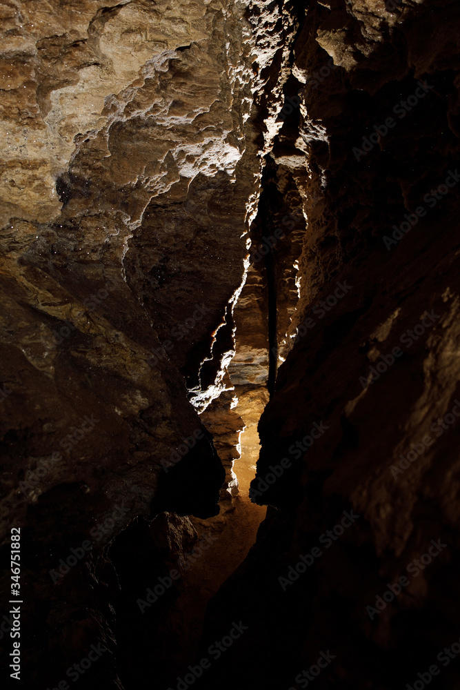 Dark Tunnel Cave has nobody. Tourist route, tours, adventures and interesting places. inside ancient crystal formations, stones, geology, explore of rocks of the soil. village Mlynky . Ukraine