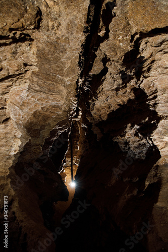 Dark Tunnel Cave has nobody. Tourist route  tours  adventures and interesting places. inside ancient crystal formations  stones  geology  explore of rocks of the soil. village Mlynky . Ukraine