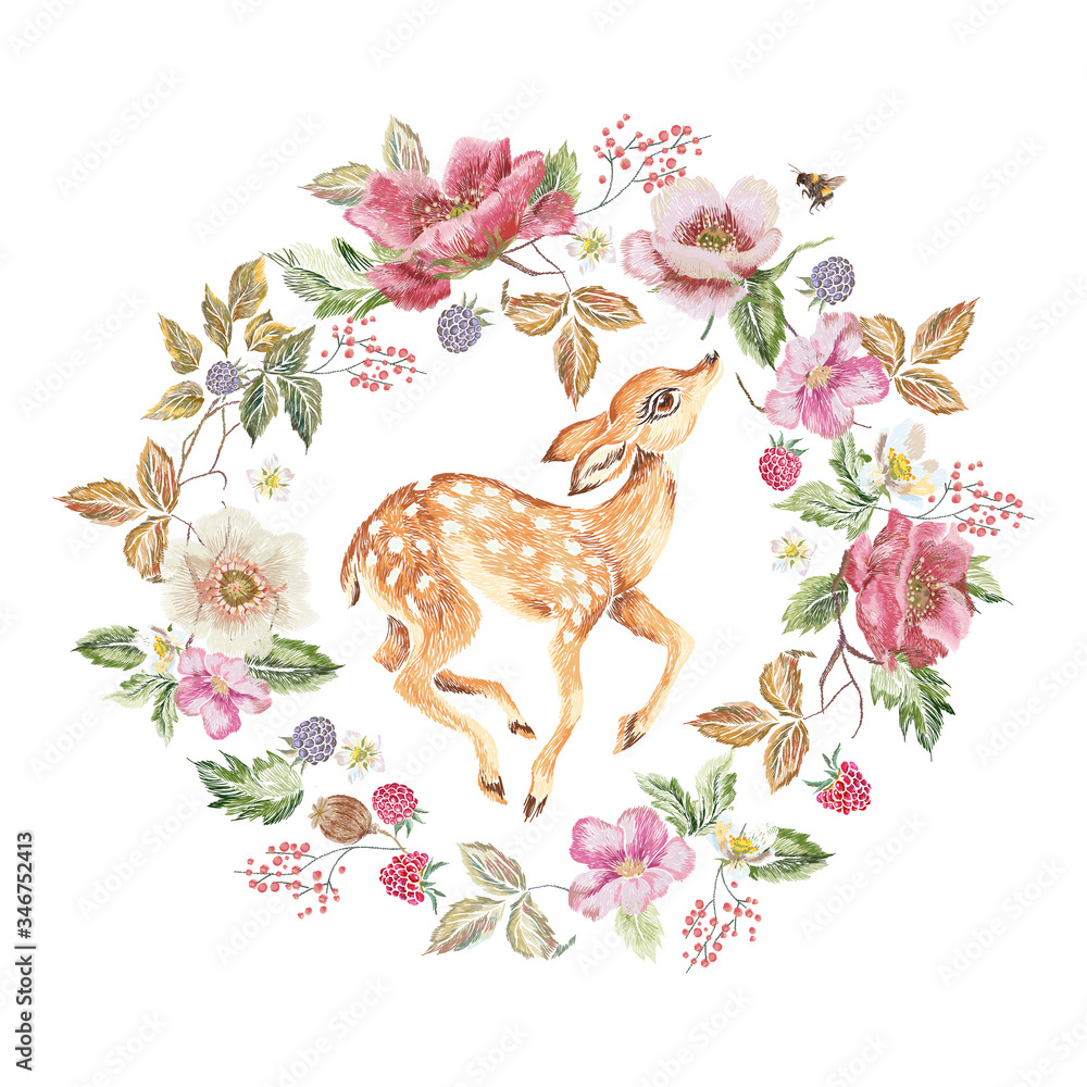 Obraz Trendy w haftowaniu kwiatowy wzór z makami, malinami i jeleniami. Wektor tradycyjny haftowany bukiet z kwiatami do projektowania odzieży.