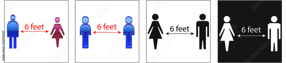 Social distancing set of icons. man and woman black and white silhouettes and blue and pink with arrow distance between. used during coronavirus covid-19 prevention Social distancing set of icons. man and woman black and white silhouettes and blue and pink with arrow distance between. used during coronavirus covid-19 prevention