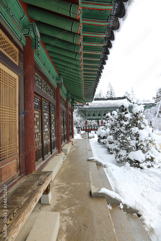 Woljeongsa, a buddhist temple, covered with snow. Gangwon-do, Korea