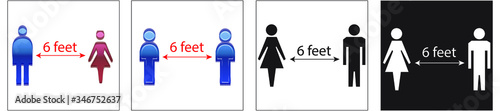 Social distancing set of icons. man and  woman black and white silhouettes and blue and pink with arrow distance between.  used during coronavirus covid-19 prevention 