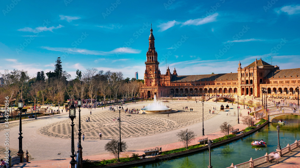 Seville, Spain - 10 February 2020 : Plaza de Espana Spain Square Architecture Top View in Seville Spain City Center