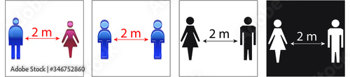 Social distancing set of icons. man and  woman black and white silhouettes and blue and pink with arrow distance between.  used during coronavirus covid-19 prevention 