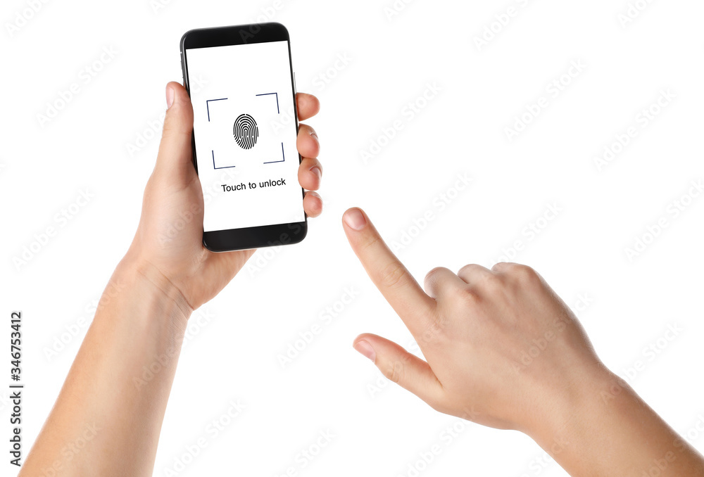 Fototapeta premium Man holding smartphone with fingerprint sensor on white background, top view. Digital identity