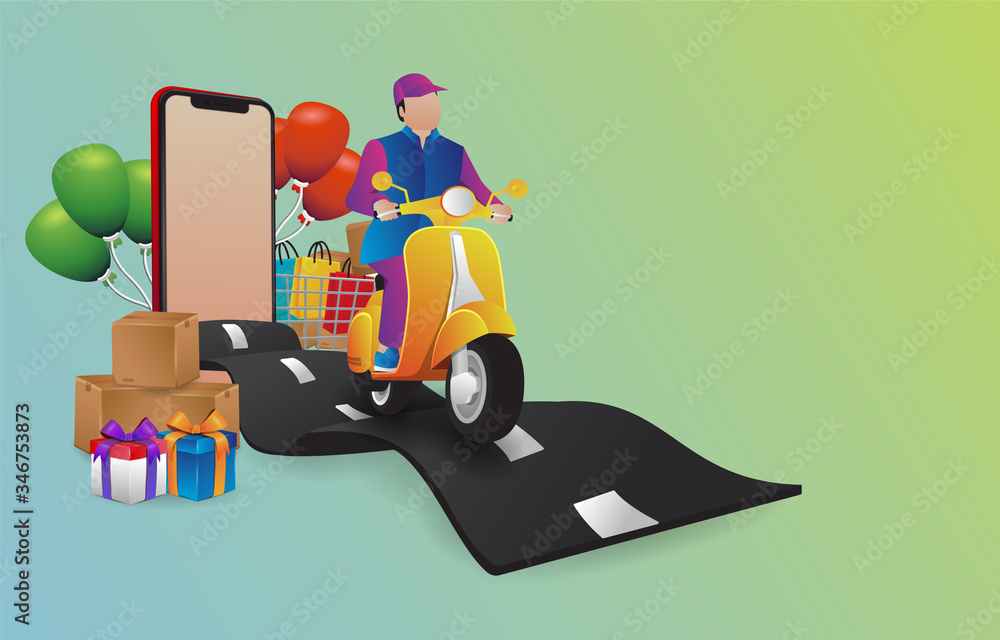 PREMIUM ILLUSTRATION COURIER PACKAGE RIDING THE SCOOTER ON THE WAVY ROAD