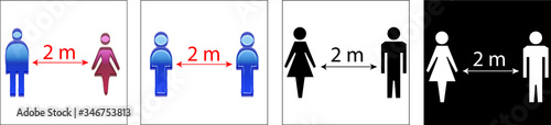 Social distancing set of icons. man and  woman black and white silhouettes and blue and pink with arrow distance between.  used during coronavirus covid-19 prevention 