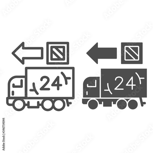 Delivery truck line and solid icon, Logistics delivery symbol, Fast twenty four hours transportation vector sign on white background, 24 hour delivery icon outline style web design. Vector graphics.