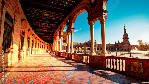 Seville, Spain - 10 February 2020 : Plaza de Espana Spain Square Architecture view from the inner corridor with columns in Seville Spain City Center