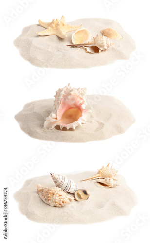 Set of sand piles with sea shells on white background