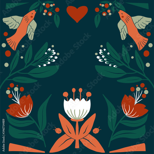 Floral Folk art  square pattern in modern style, Scandi vector illustration