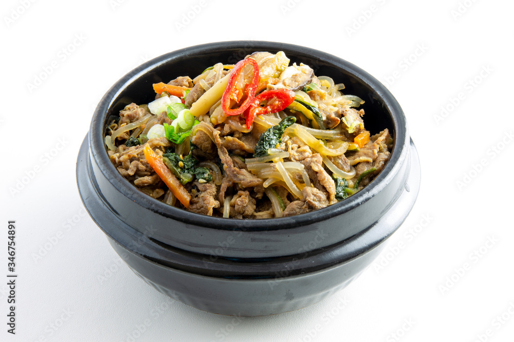Soy Marinated Beef with sweet potato starch noodles is called Bulgogi in Korea Soy Marinated Beef with sweet potato starch noodles is called Bulgogi in Korea