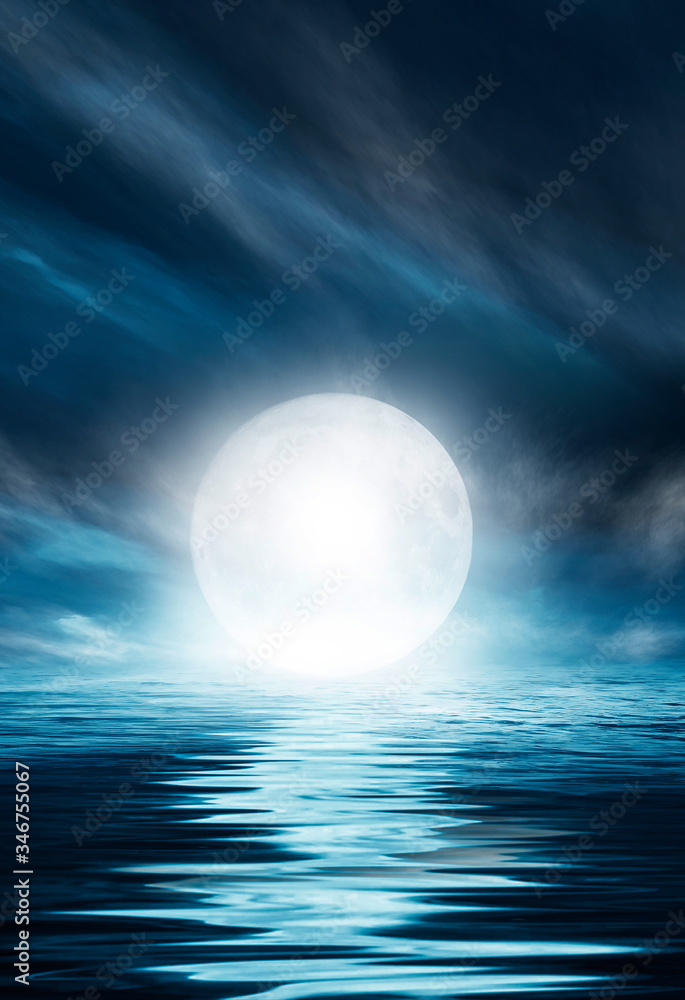 Night seascape. Dark landscape with a marine background and sunset, moon. Abstract night landscape in blue light. Reflection of the moon in the night water. Empty futuristic landscape. Night seascape. Dark landscape with a marine background and sunset, moon. Abstract night landscape in blue light. Reflection of the moon in the night water. Empty futuristic landscape.