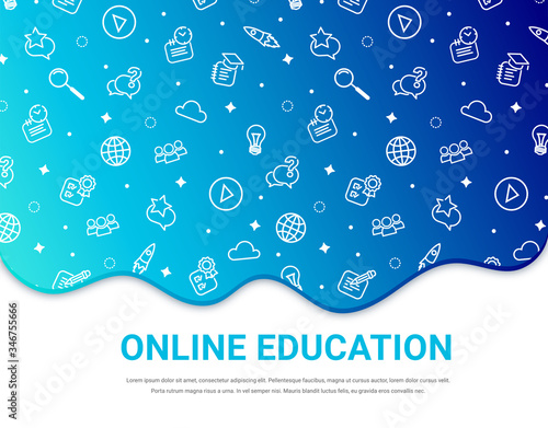 Online education banner template. White school line icons pattern on blue fluid gradient background. E-learning texture Vector illustration for web site, advert, mobile app, wallpaper, social media