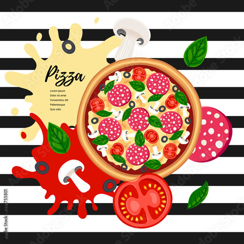 Fresh pizza design concept. Flat italian fast food with ingredients and text on striped abstract background. Vector illustration for web, ad, menu, app, cafe, restaurant, recipe