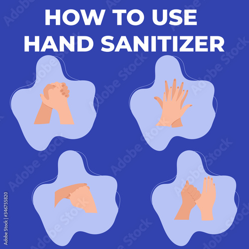 Healthcare educational infographic how to use sanitizer. Clean disease prevention covid-19. Personal hygiene, infographic procedure to wash alcohol gel.