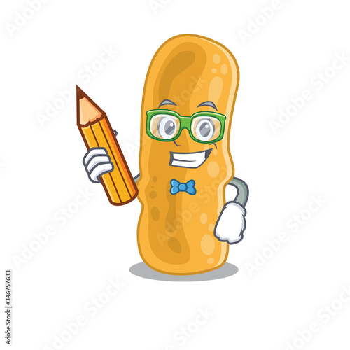 A brainy student shigella flexneri cartoon character with pencil and glasses