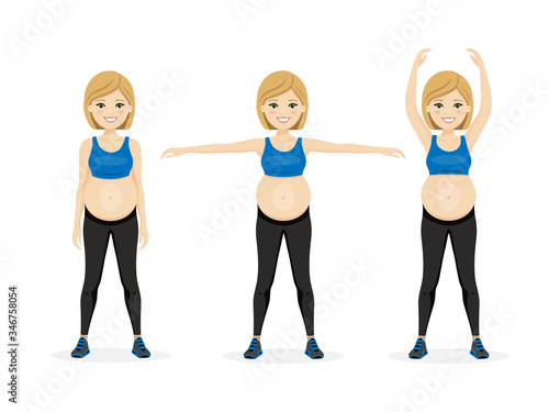 Young beautiful pregnancy woman. Fitness healthy lifestyle. Prenatal exercise. Vector illustration