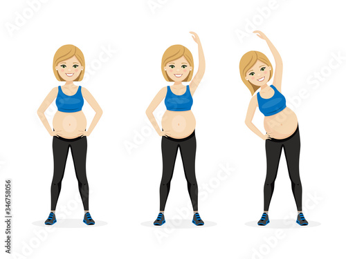Young pregnancy woman. Fitness healthy lifestyle. Prenatal exercise. Vector illustration