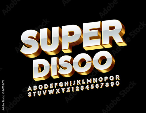 Vector elite banner Super Disco. Golden and White Alphabet Letters and Numbers 3D Luxury Font