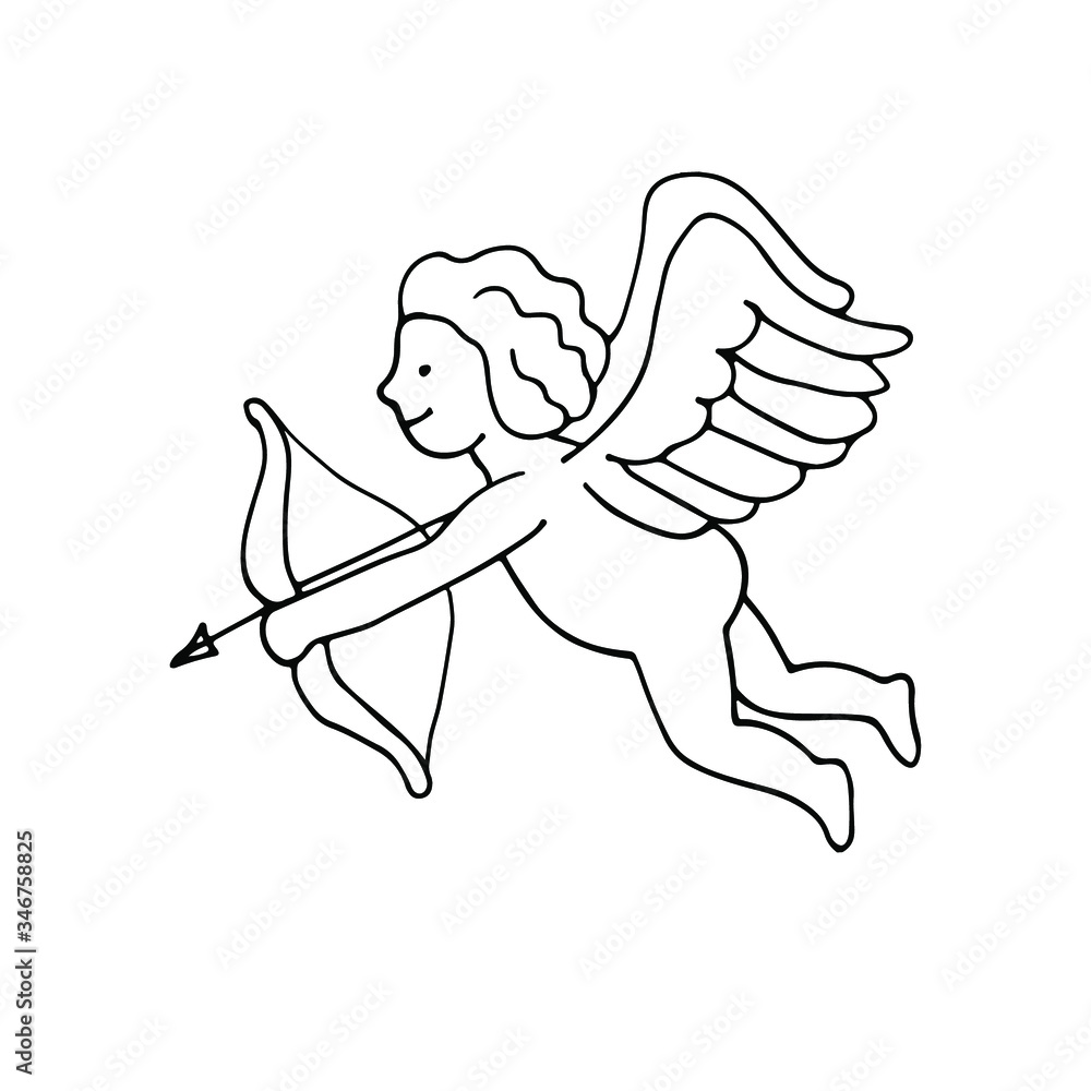 Fototapeta premium An angel shoots an arrow from a bow. Hand drawing outline doodles. Isolated on a white background. Cute baby vector illustration. Suitable for postcards, prints, designs, Valentine's Day.