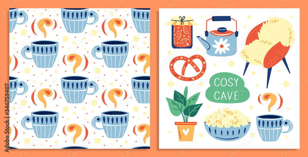 Set of different cute lifestyle items. My house my rules. Cosy home. Plat, cup of coffee, popcorn, jar of jam. Postcard. Flat colourful vector illustration, art isolated on orange background.