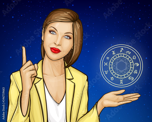 Pop art vector illustrationn of astrologer offering horoscope making and foretelling future events. Woman with zodiac circle predicts, gives advice, explains, index finger pointing up. Online