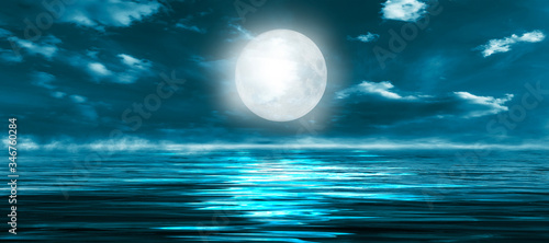 Night seascape. Dark landscape with a marine background and sunset  moon. Abstract night landscape in blue light. Reflection of the moon in the night water. Empty futuristic landscape.