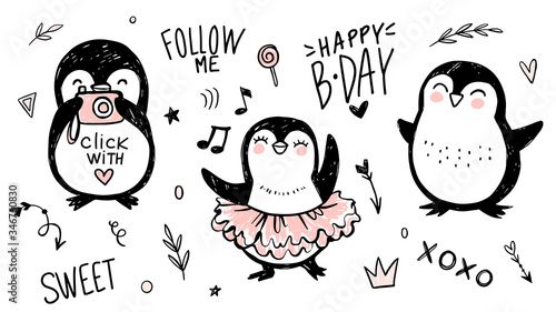 Doodle penguins, hand drawn set of funny animals. Vector Penguin character in sketch style.