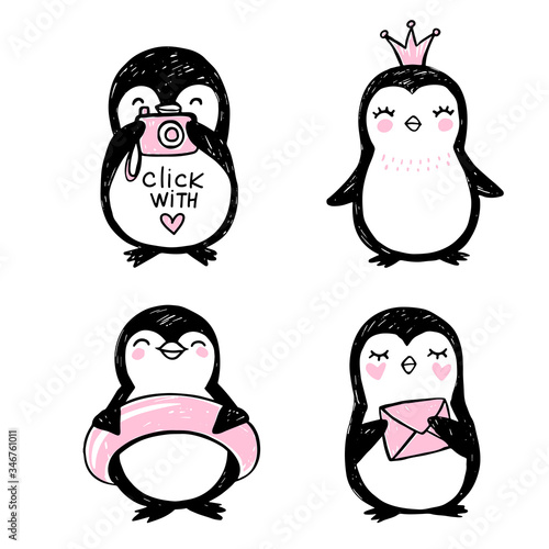 Doodle penguins, hand drawn set of funny animals. Vector Penguin character in sketch style.